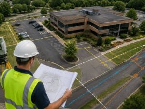ALTA survey review of an office property’s parking, shared access, boundaries, and utilities before redevelopment.