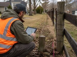 Land surveyor evaluating a boundary monument and fence line while reviewing conflicting property evidence on a tablet.