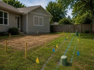 Boundary survey stakes and utility flags marking an easement beside a proposed home addition area