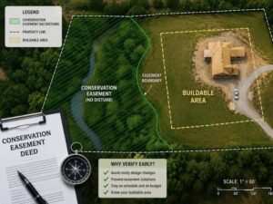Survey map showing a conservation easement beside a planned construction area on private land.
