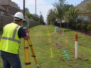 Surveyor measuring a proposed utility easement route across adjoining residential properties in Fairfax.