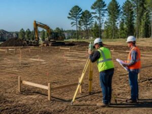 Construction staking survey in Fairfax VA showing a surveyor marking a new home footprint with stakes and string lines before excavation.