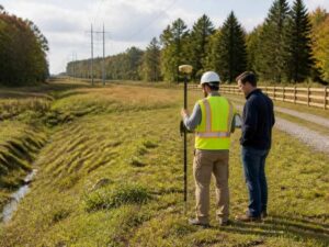 Due diligence survey in Fairfax VA showing a surveyor and land buyer evaluating raw land, access, terrain, and visible site conditions before making an offer.