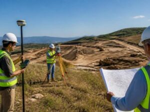 Topographic survey crew collecting elevation data for grading plan accuracy in Fairfax Virginia.