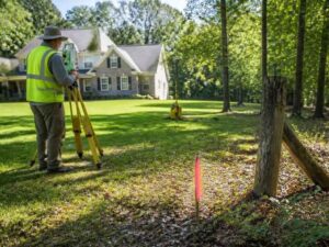 Licensed land surveyor restoring missing property line markers during a property line survey on a residential lot in Fairfax, VA.