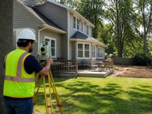 Property survey in Fairfax, VA, with a land surveyor measuring a residential backyard to help plan a home addition without encroaching on neighboring land.